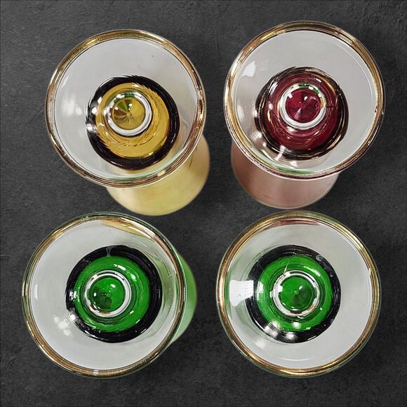 Set of 4 Vintage Footed Collins Glasses Mid-Century Libbey Style Gold Floral Red - Picture 4 of 11